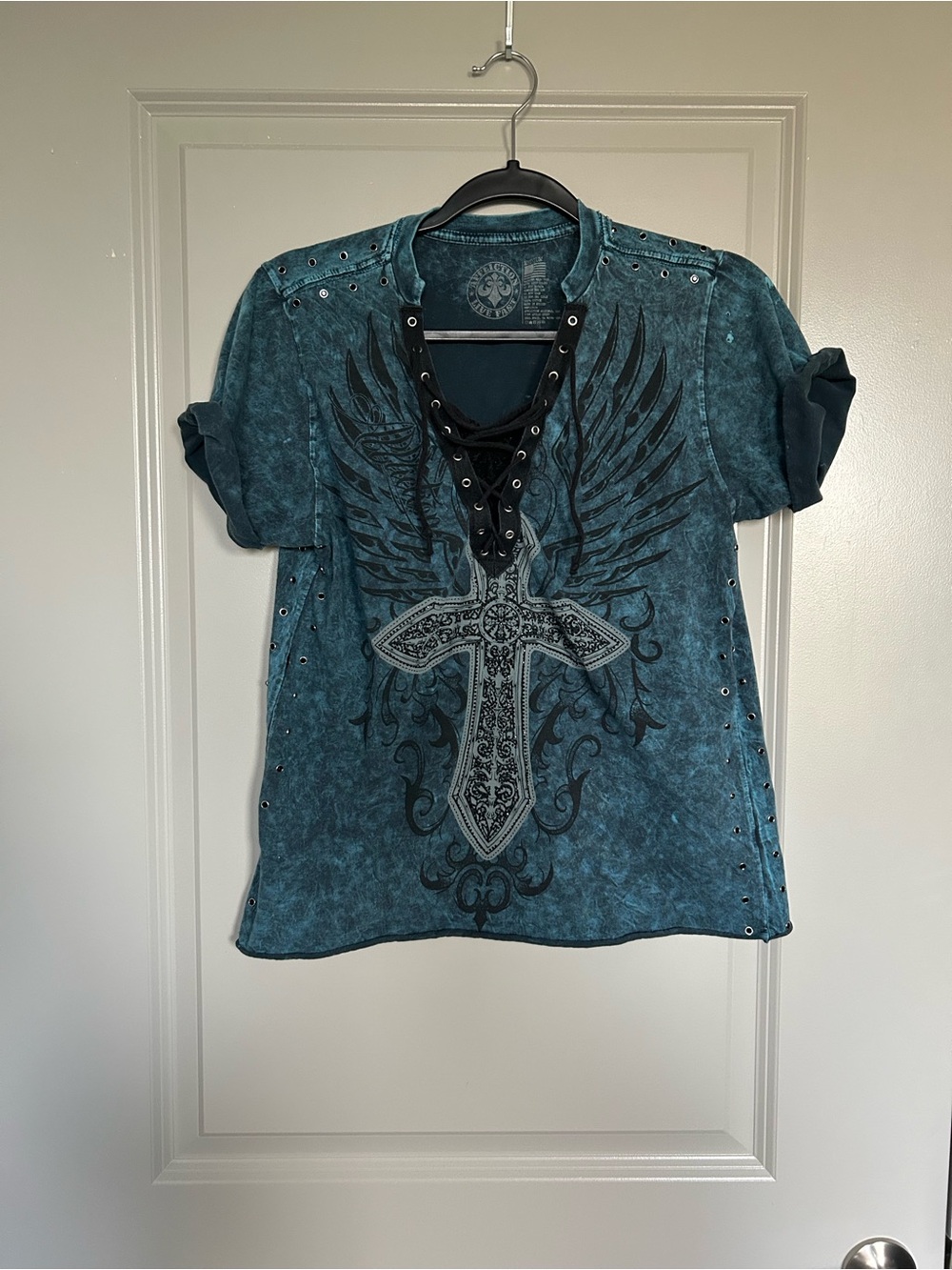 Women's Teal Y2K Grunge Cross & Wings Lace-Up Tee